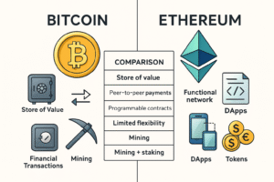 Comparação visual entre Bitcoin e Ethereum mostrando principais diferenças, funcionalidades e casos de uso de cada tecnologia