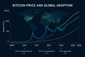 Gráfico da evolução do preço do Bitcoin e sua adoção global de 2009 a 2025, com marcos históricos importantes
