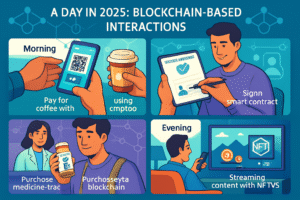 Cenas do cotidiano em 2025 mostrando uso de blockchain em pagamentos, contratos, saúde e entretenimento