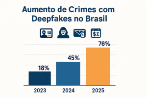 Gráfico estatístico mostrando aumento de crimes com deepfakes no Brasil entre 2023 e 2025