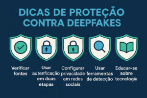 Infográfico com cinco dicas essenciais para proteção contra deepfakes em formato de escudos