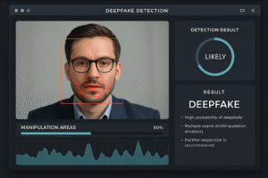 Interface de software de detecção de deepfakes analisando vídeo e identificando manipulações