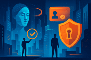 Ilustração futurista de cidade com tecnologia avançada e sistemas de segurança digital