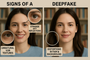 Imagem comparativa destacando sinais de alerta para identificar deepfakes como reflexos estranhos e distorções