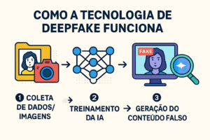 Infográfico explicativo sobre como funciona a tecnologia de deepfake em 3 etapas principais