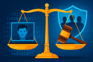 Balança da justiça com elementos digitais representando a legislação sobre crimes com deepfakes